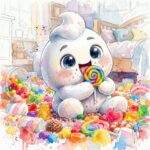 Pilimoo® Bonbons von Patrice Murciano, Aquarell einer kleinen weißen Figur, die zwischen bunten Süßigkeiten sitzt und an einem großen Lutscher knabbert
