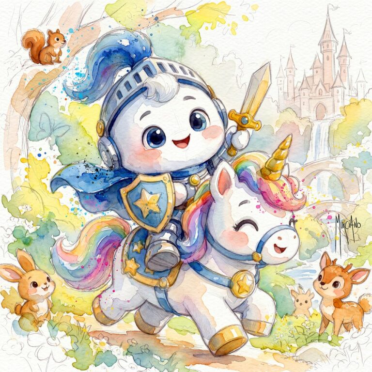 Pilimoo® Einhorn-Ritter von Patrice Murciano, Aquarell einer kleinen weißen Figur in Ritterrüstung auf einem Einhorn mit Regenbogenmähne, mit einem Eichhörnchen, einem Hasen und einem Rehkitz vor einem Schloss