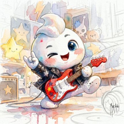 Pilimoo® guitarra por Patrice Murciano, acuarela de un pequeño personaje blanco con chaqueta de cuero que toca una guitarra eléctrica roja y guiña un ojo, en una habitación infantil