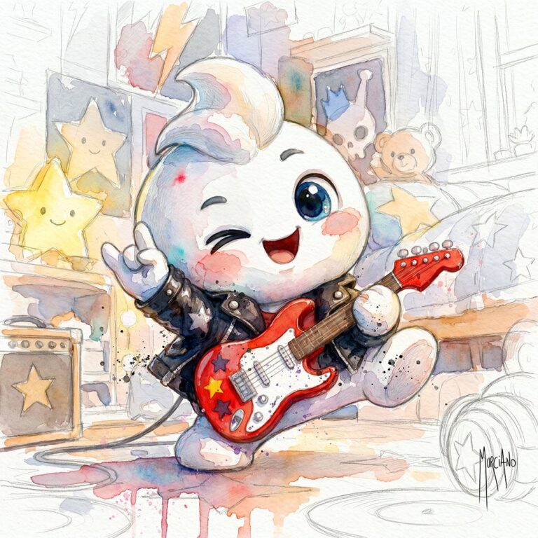 Pilimoo® Gitarre von Patrice Murciano, Aquarell einer kleinen weißen Figur in Lederjacke, die eine rote E-Gitarre spielt und zwinkert, in einem Kinderzimmer