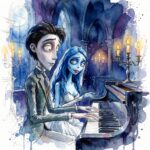 Requiem pour Emily par Patrice Murciano, aquarelle de Victor et Emily la mariée cadavre jouant du piano à la lueur des bougies, hommage aux Noces funèbres de Tim Burton