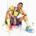 Stromae par Patrice Murciano, aquarelle d'un pantin de bois aux fils de marionnettiste