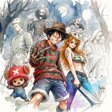 The Night of One piece par Patrice Murciano, aquarelle de l'equipage de One Piece deguise en monstres de films d'horreur sous la pleine lune