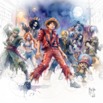 Thriller, acuarela de Patrice Murciano: Luffy con una chaqueta roja al estilo de Michael Jackson rodeado de la tripulación de One Piece convertida en zombis (Zoro, Nami, Brook, Sanji, Jinbe, Robin, Usopp, Chopper), con la luna llena al fondo