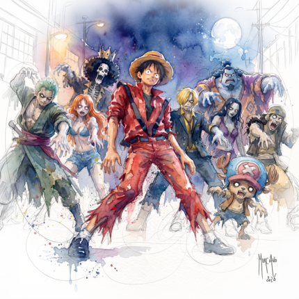 Thriller, aquarelle de Patrice Murciano : Luffy en veste rouge façon Michael Jackson entouré de l’équipage de One Piece en zombies (Zoro, Nami, Brook, Sanji, Jinbe, Robin, Usopp, Chopper), pleine lune en arrière-plan
