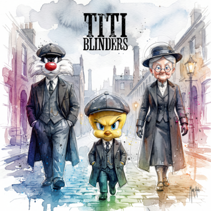 Titi blinders par Patrice Murciano, aquarelle de Titi, Gros Minet et Grand-mère en gangsters façon Peaky Blinders dans une rue pavée